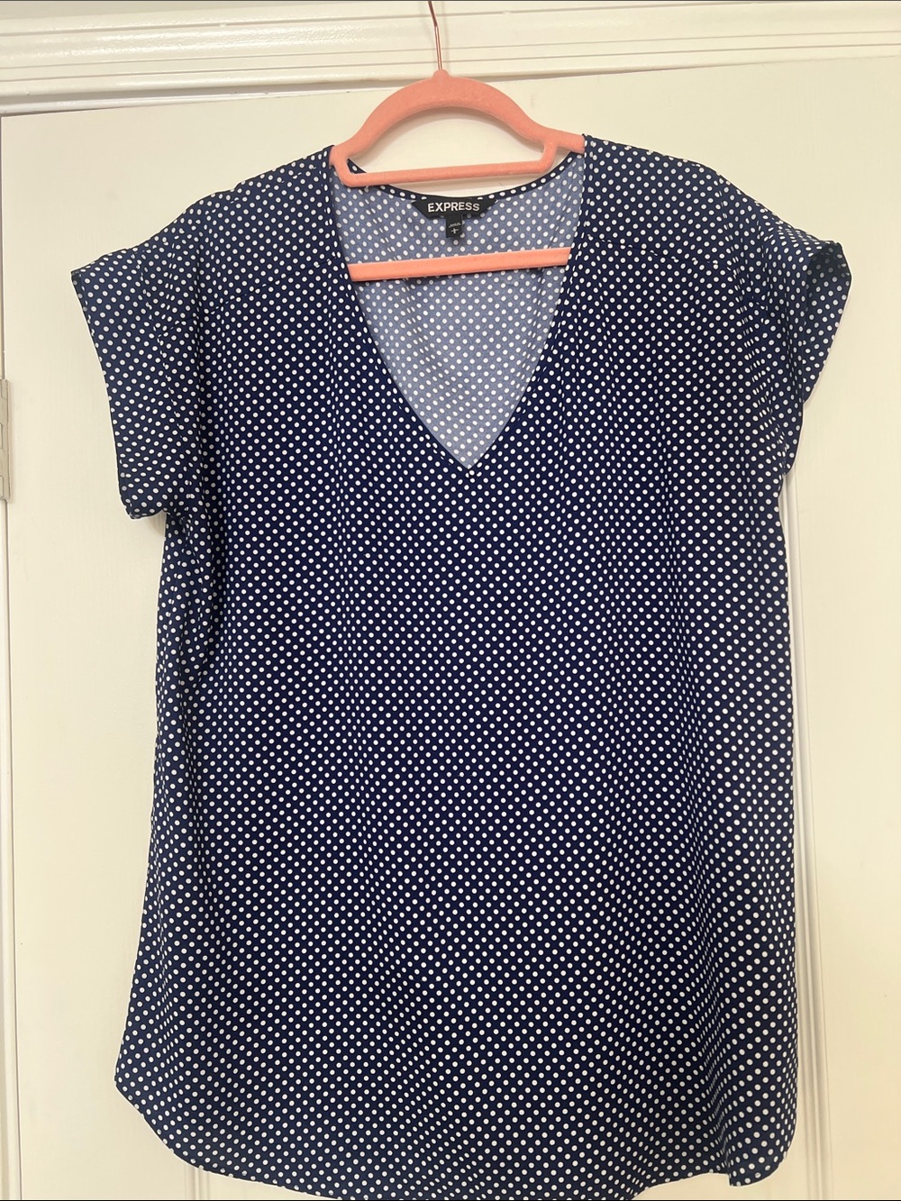 Express Navy and White Polka Dot V-Neck Blouse